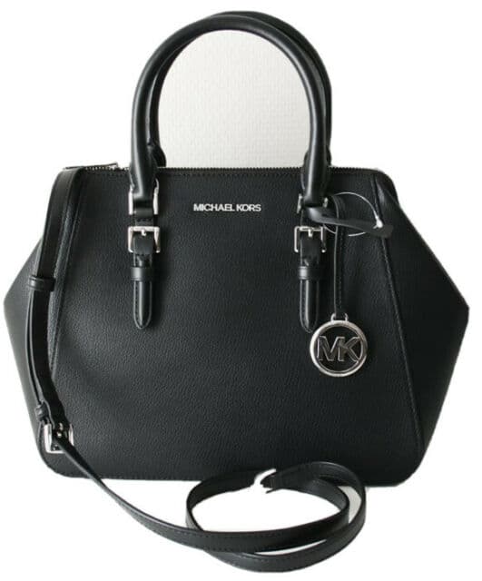 Michael Kors Charlotte Large Top Zip Satchel Black Crossbody Pebbled Leather